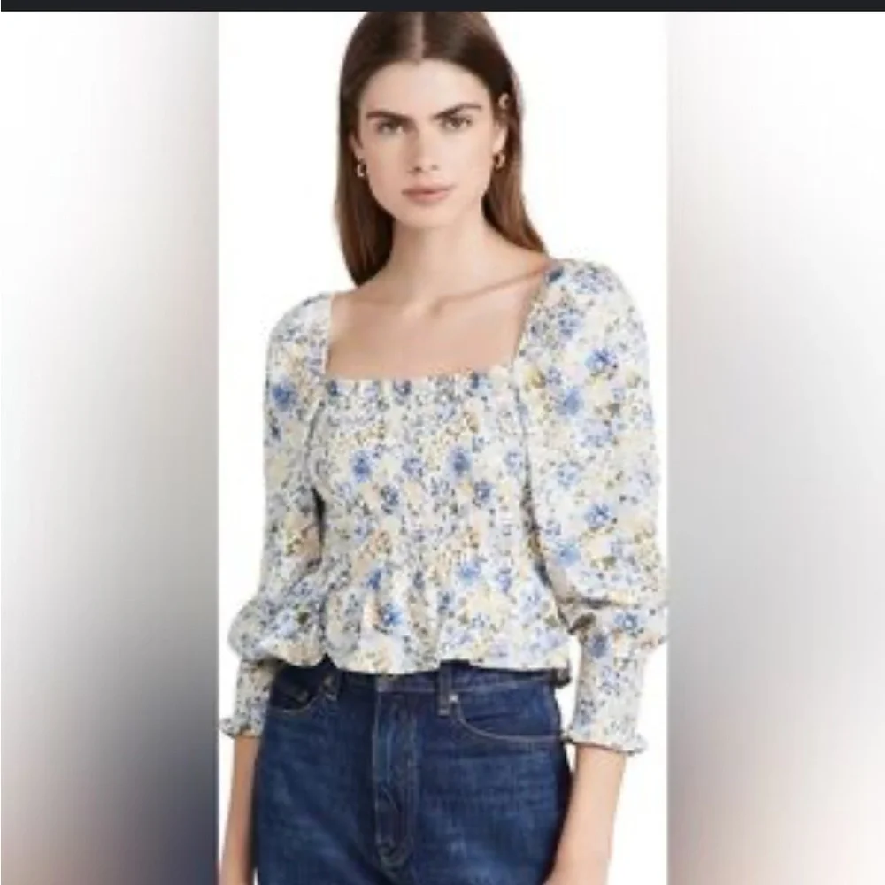 Anthropologie En Saison floral smocked puff balloon sleeve blouse cottage blue L